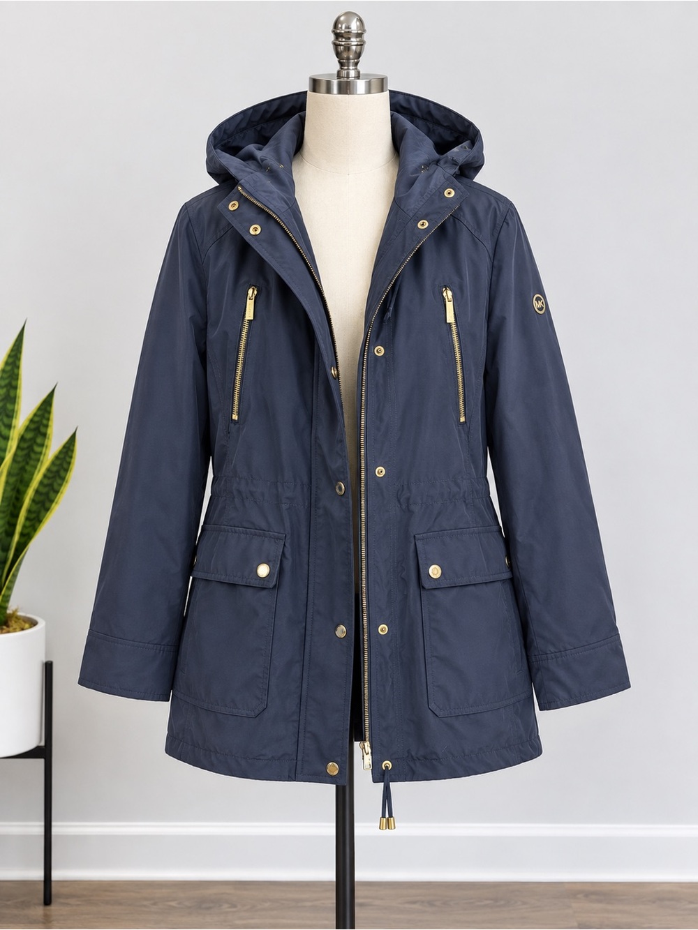 Michael Kors Navy Hooded Utility Anorak with Gold-Tone Hardware